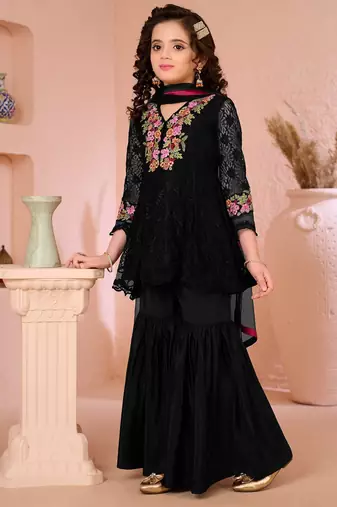 Black embroidered net straight  kids salwar suits