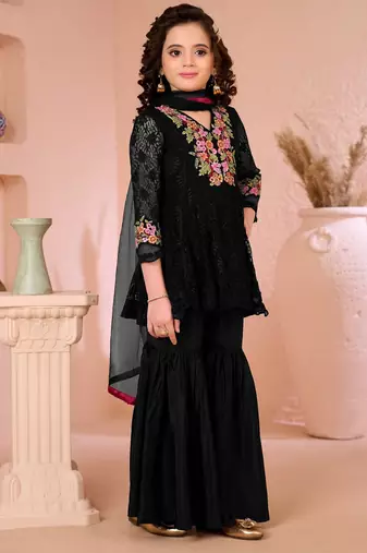 Black embroidered net straight  kids salwar suits