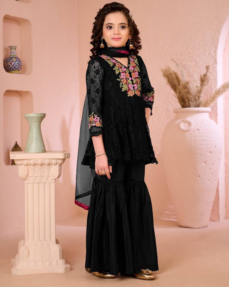 Black embroidered net straight  kids salwar suits