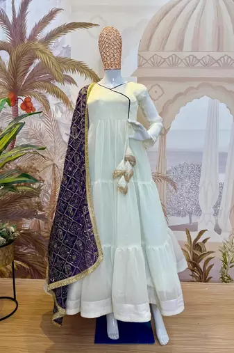 white color embroidery work silk blend salwar suit