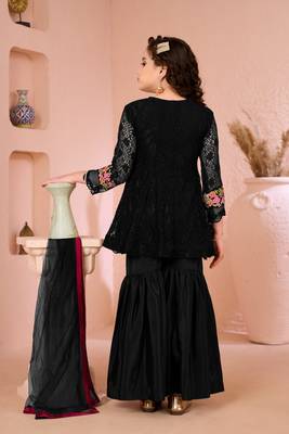 Black embroidered net straight  kids salwar suits 4