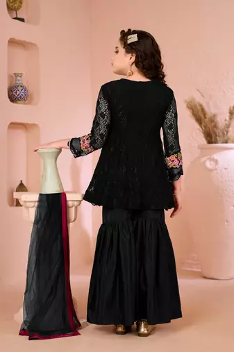 Black embroidered net straight  kids salwar suits