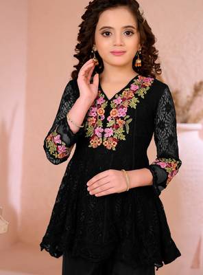 Black embroidered net straight  kids salwar suits 5