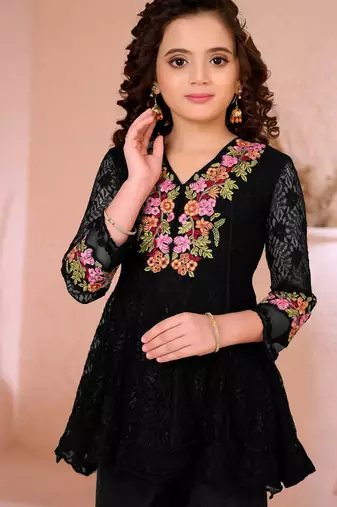 Black embroidered net straight  kids salwar suits