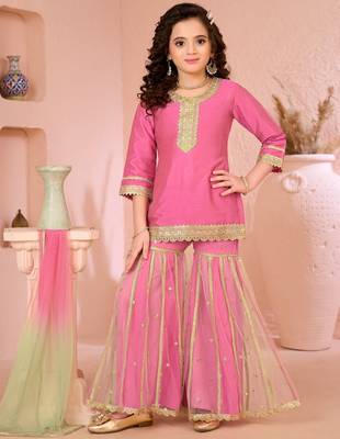 Pink embroidered cottonsilk straight  kids salwar suits 1