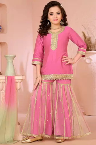 Pink embroidered cottonsilk straight  kids salwar suits