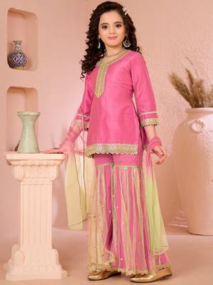 Pink embroidered cottonsilk straight  kids salwar suits 2