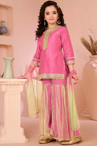 Pink embroidered cottonsilk straight  kids salwar suits