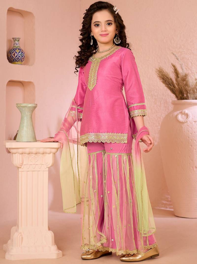 Pink embroidered cottonsilk straight  kids salwar suits