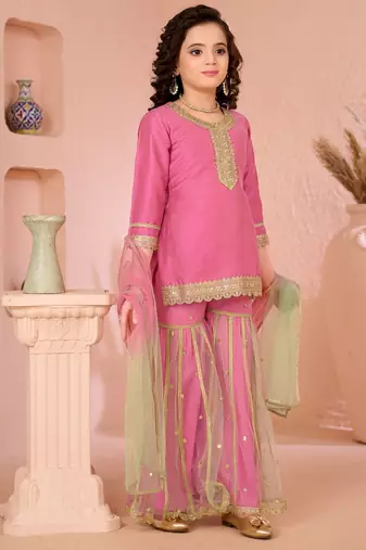 Pink embroidered cottonsilk straight  kids salwar suits