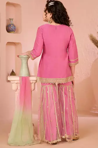 Pink embroidered cottonsilk straight  kids salwar suits