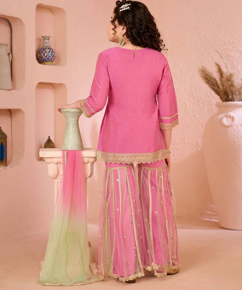 Pink embroidered cottonsilk straight  kids salwar suits