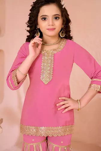 Pink embroidered cottonsilk straight  kids salwar suits