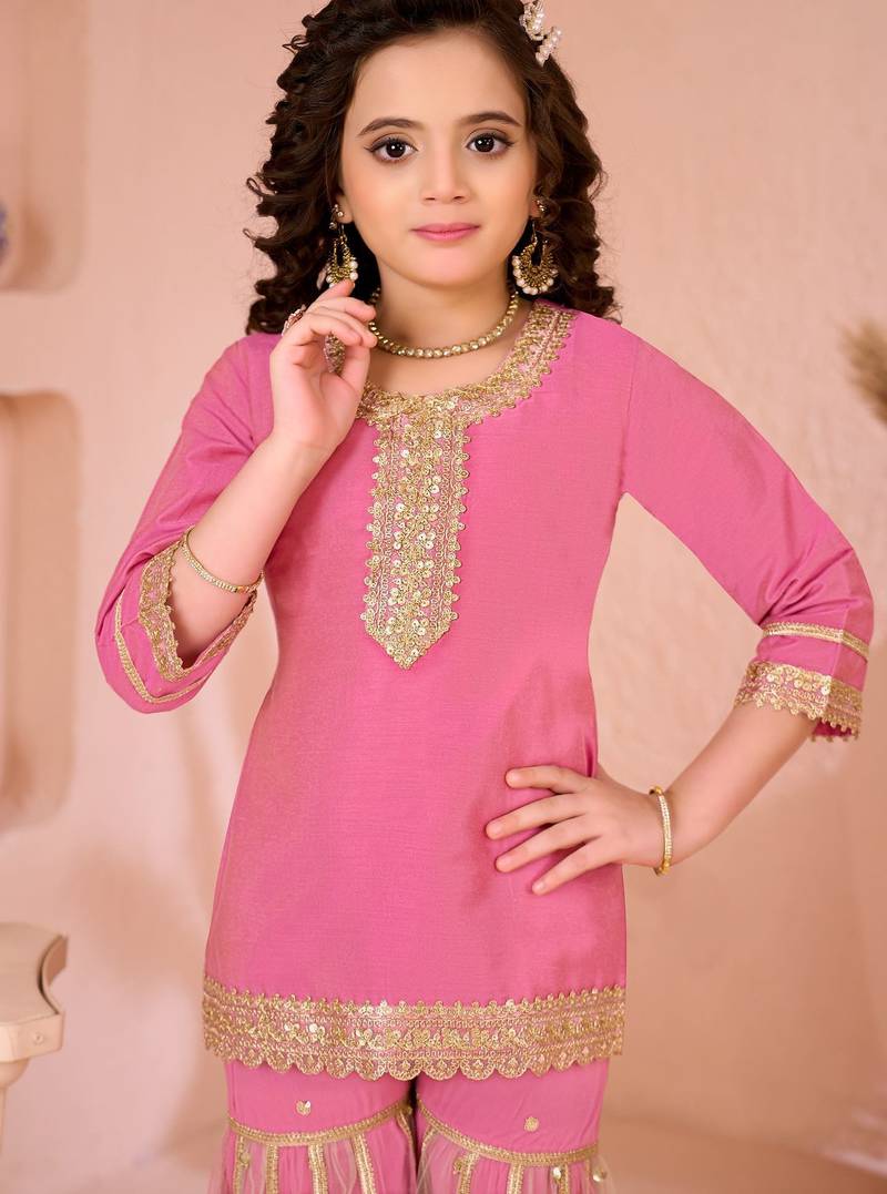 Pink embroidered cottonsilk straight  kids salwar suits