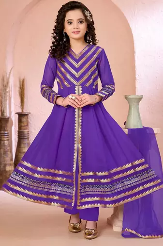 Purple embroidered georgette a line kids salwar suits
