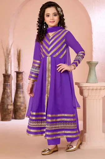 Purple embroidered georgette a line kids salwar suits
