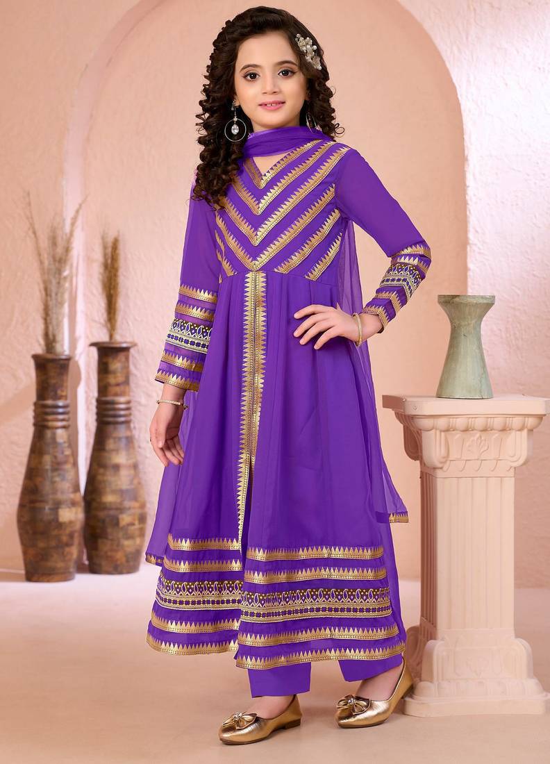 Purple embroidered georgette a line kids salwar suits
