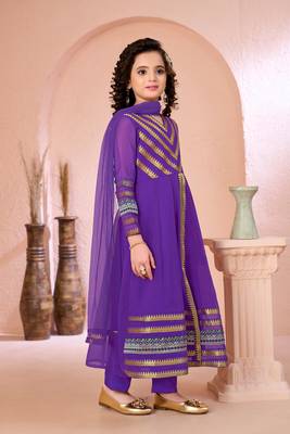 Purple embroidered georgette a line kids salwar suits 3