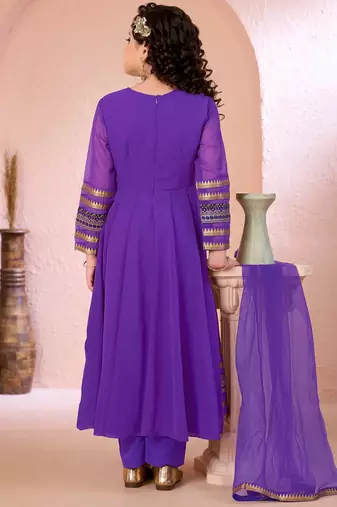 Purple embroidered georgette a line kids salwar suits