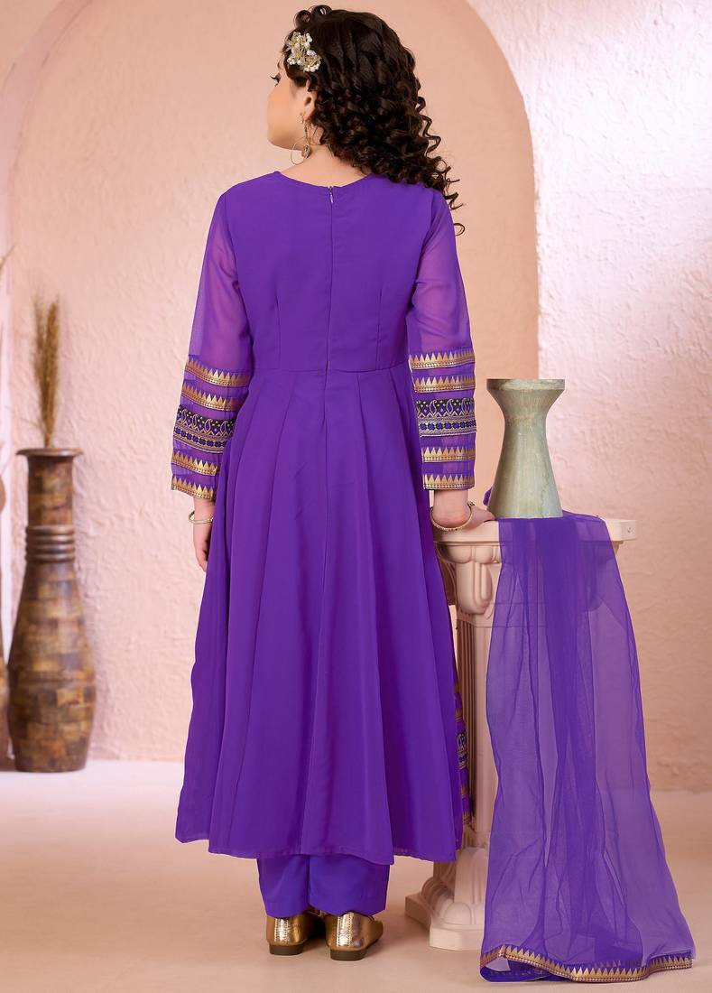 Purple embroidered georgette a line kids salwar suits