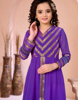 Purple embroidered georgette a line kids salwar suits 5