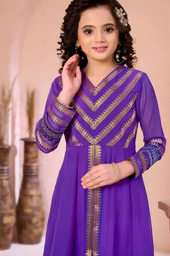 Purple embroidered georgette a line kids salwar suits