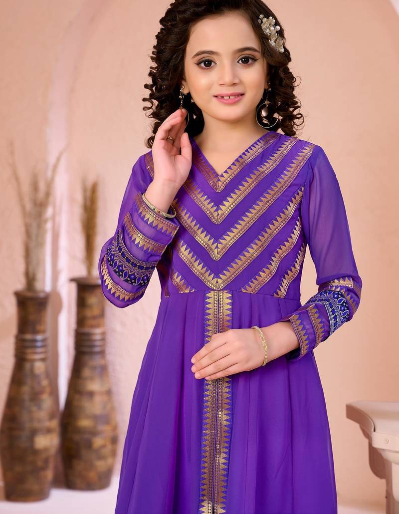 Purple embroidered georgette a line kids salwar suits