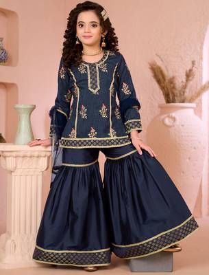 Navyblue embroidered artsilk straight  kids salwar suits 1