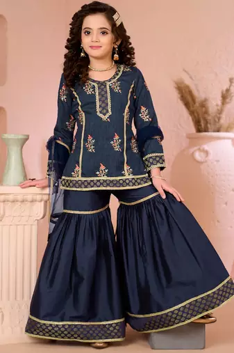 Navyblue embroidered artsilk straight  kids salwar suits