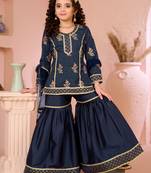 Navyblue embroidered artsilk straight  kids salwar suits