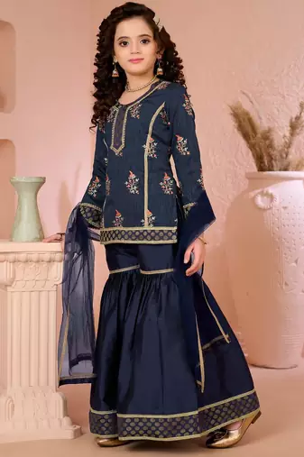 Navyblue embroidered artsilk straight  kids salwar suits