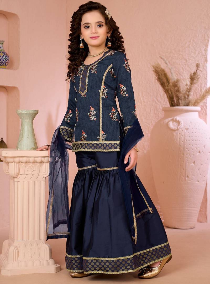 Navyblue embroidered artsilk straight  kids salwar suits