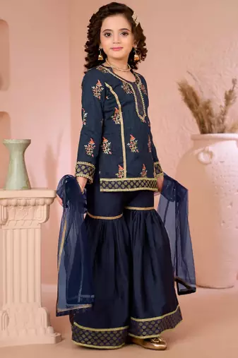 Navyblue embroidered artsilk straight  kids salwar suits