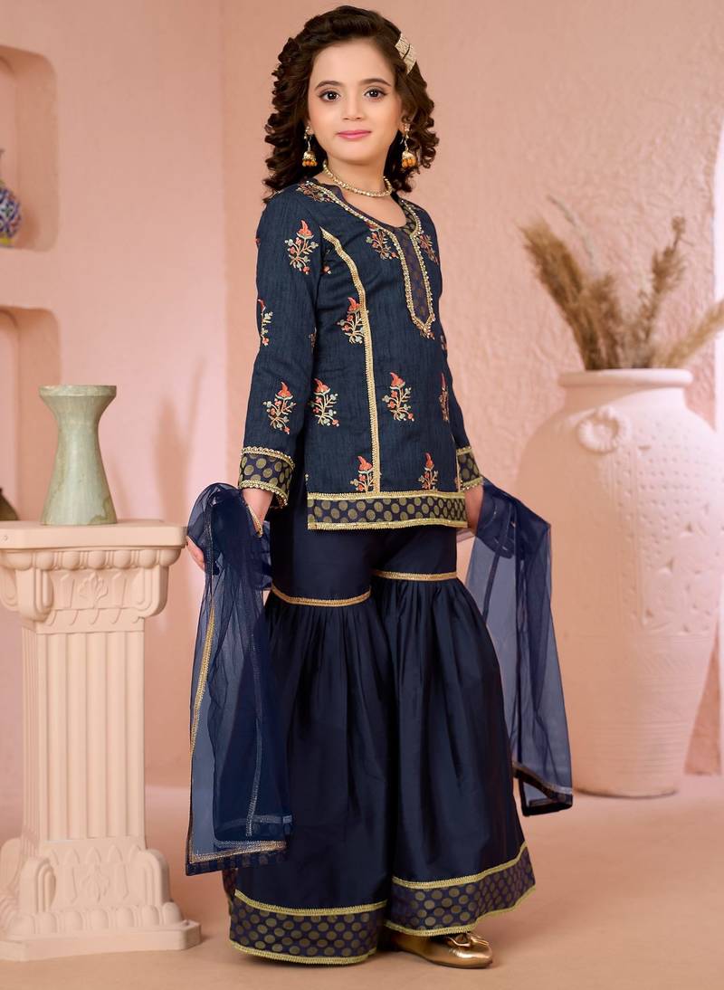 Navyblue embroidered artsilk straight  kids salwar suits