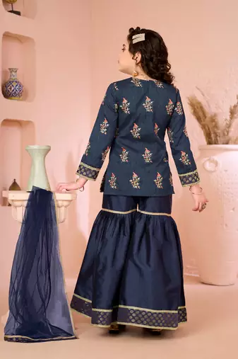 Navyblue embroidered artsilk straight  kids salwar suits