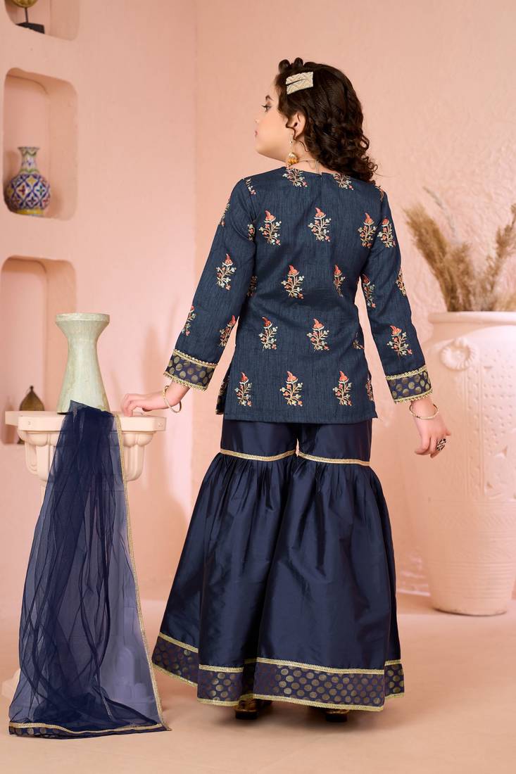 Navyblue embroidered artsilk straight  kids salwar suits
