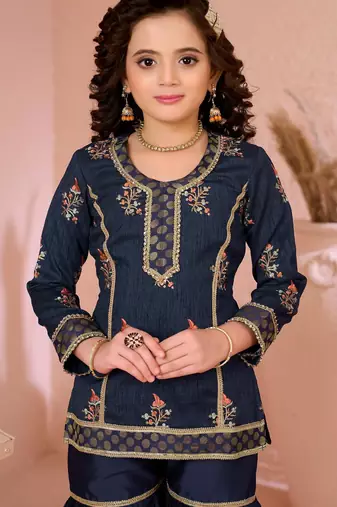 Navyblue embroidered artsilk straight  kids salwar suits