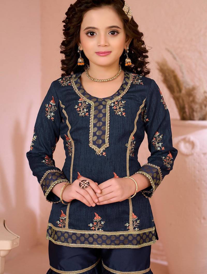 Navyblue embroidered artsilk straight  kids salwar suits