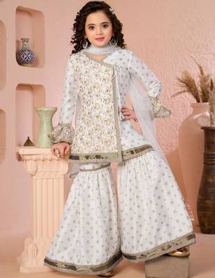 Offwhite embroidered cottonsilk angrakha style kids salwar suits 1