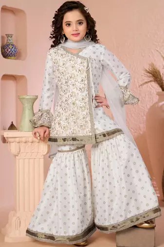 Offwhite embroidered cottonsilk angrakha style kids salwar suits