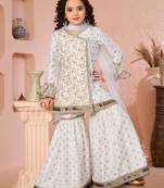 Offwhite embroidered cottonsilk angrakha style kids salwar suits