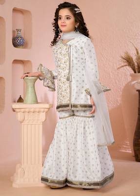 Offwhite embroidered cottonsilk angrakha style kids salwar suits 2