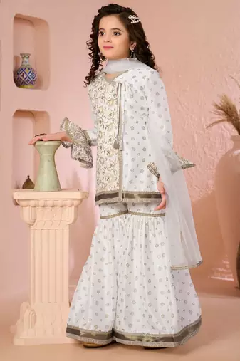Offwhite embroidered cottonsilk angrakha style kids salwar suits
