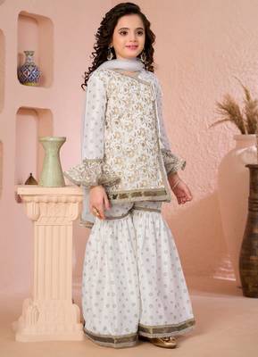 Offwhite embroidered cottonsilk angrakha style kids salwar suits 3