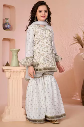 Offwhite embroidered cottonsilk angrakha style kids salwar suits