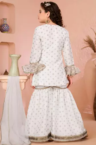 Offwhite embroidered cottonsilk angrakha style kids salwar suits