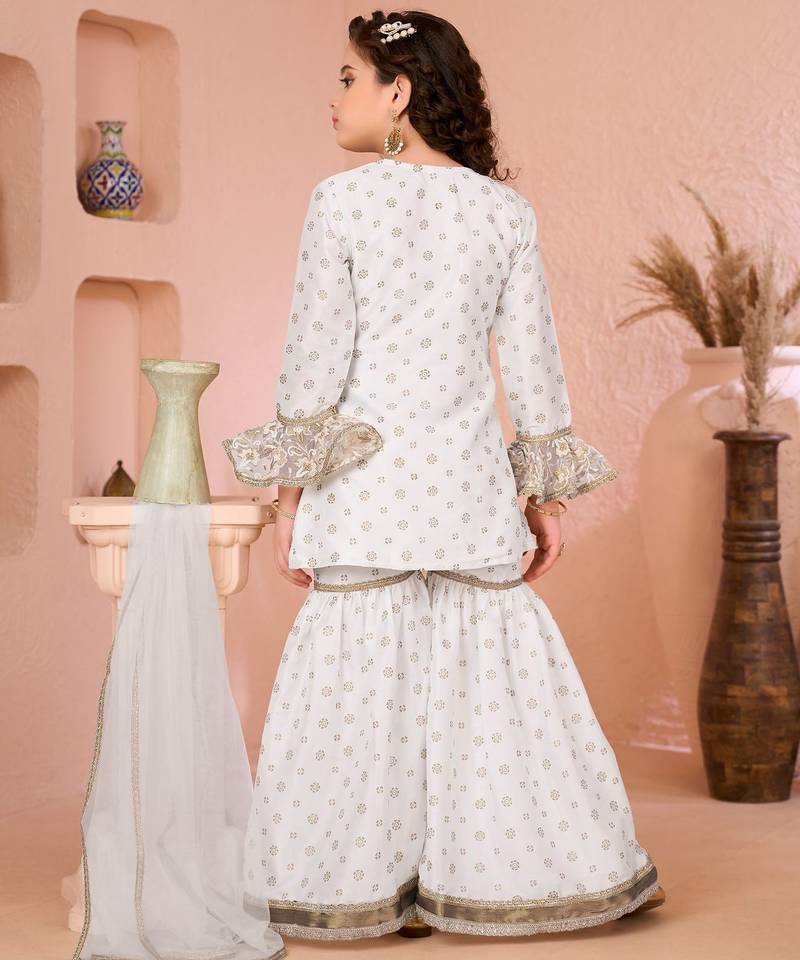 Offwhite embroidered cottonsilk angrakha style kids salwar suits