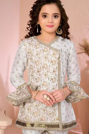 Offwhite embroidered cottonsilk angrakha style kids salwar suits