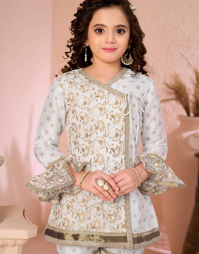 Offwhite embroidered cottonsilk angrakha style kids salwar suits