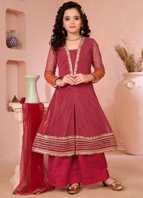 Pink embroidered shimmer a line kids salwar suits 1